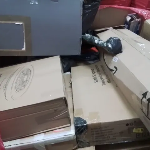 PALLET CONTAINING VARIOUS ASSORTED BOXED HOUSEHOLD ITEMS TO INCLUDE: BEDROOM FAN LIGHT, STAIR STEPPER AND LOTS MORE UNMARKED BOXED ITEMS