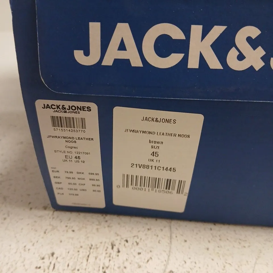 BOXED PAIR OF JACK & JONES MEN'S BROWN LEATHER OXFORD SHOES – UK 11