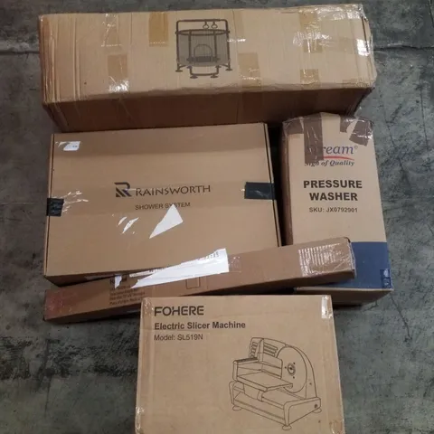 PALLET CONTAINING ASSORTED PRODUCTS INCLUDING SHOWER SYSTEM, PRESSURE WASHER, CHAIR MAT, ELECTRIC SLICER MACHINE & TRAMPOLINE