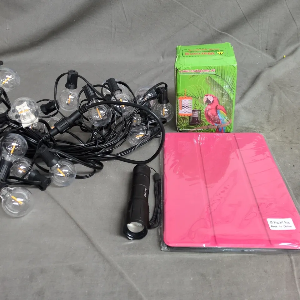 BOX OF APPROXIMATELY 20 ASSORTED HOUSEHOLD ITEMS TO INCLUDE BULB STRING LIGHTS, CERAMIC HEATING LAMP SET AND A TABLET CASE