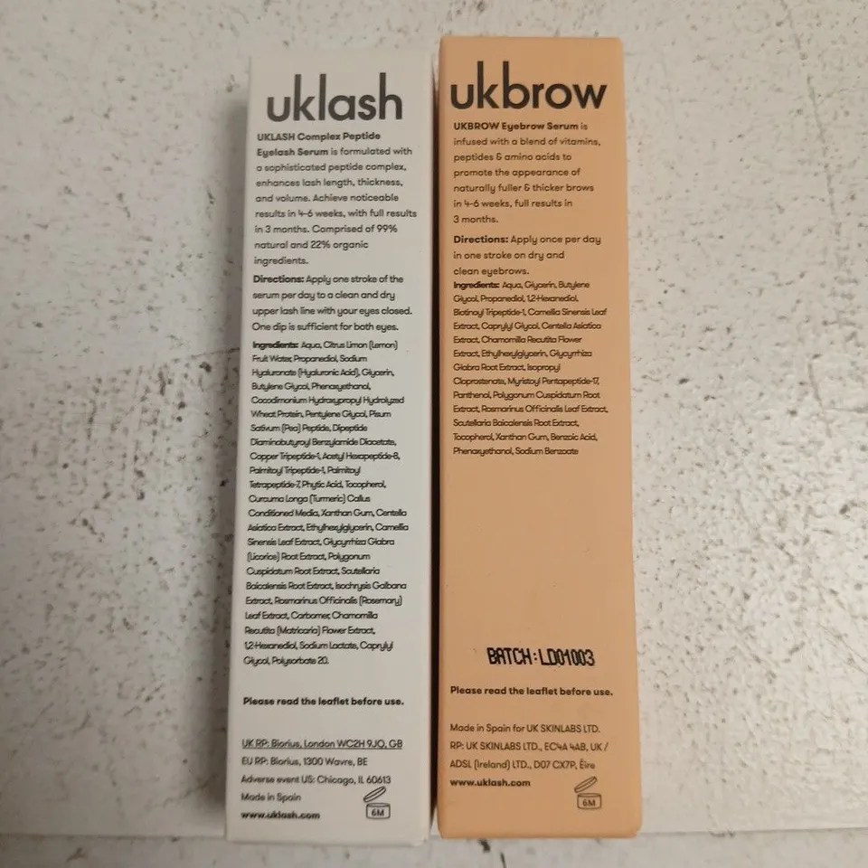 UKBROW EYEBROW SERUM + UKLASH COMPLEX PEPTIDE EYELASH SERUM – 2 X 3ML, BOXED