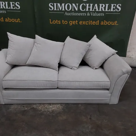 DESIGNER DURY THREE SEATER SOFA WITH SCATTER CUSHIONS LIGHT GREY FABRIC