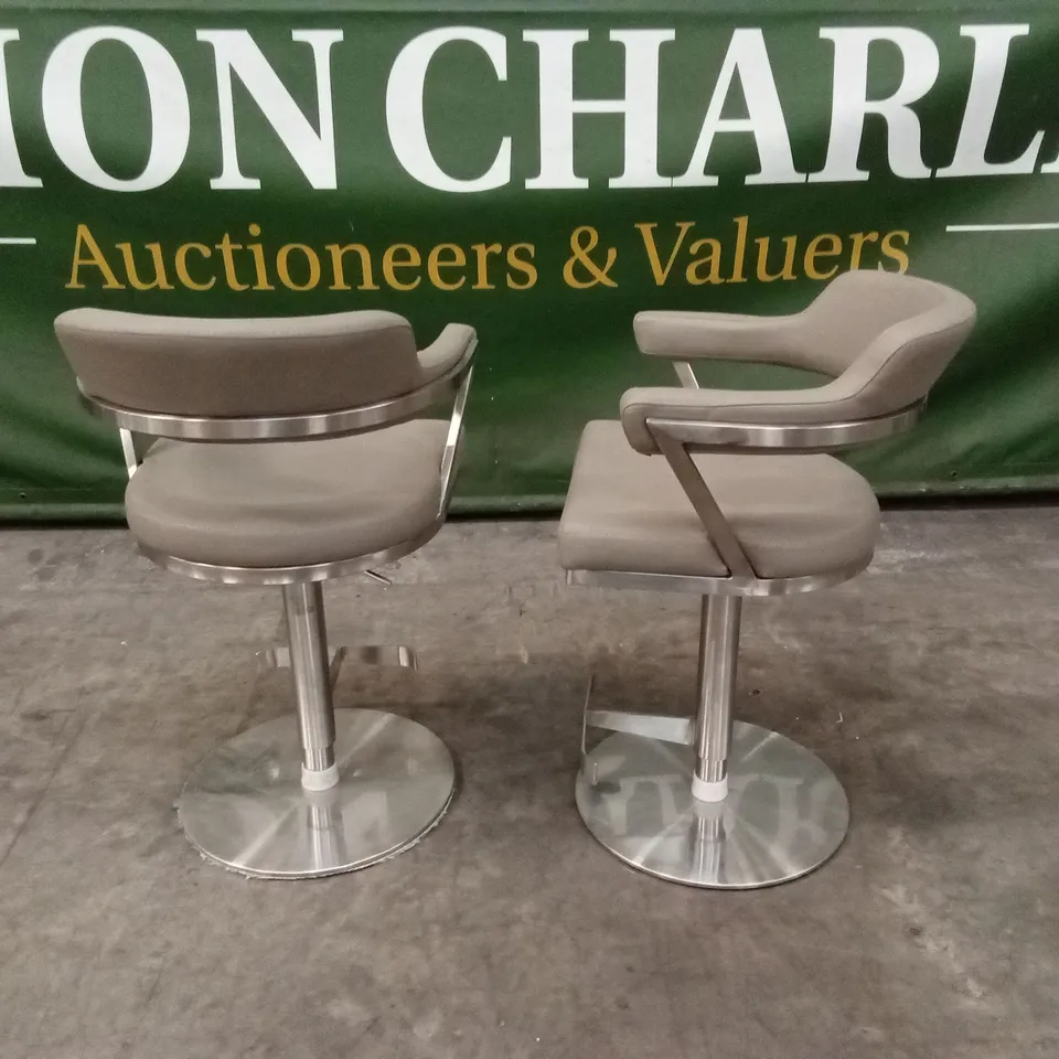 SET OF 2 FIRENZA TAUPE PU BAR STOOLS WITH STAINLESS STEEL BASE
