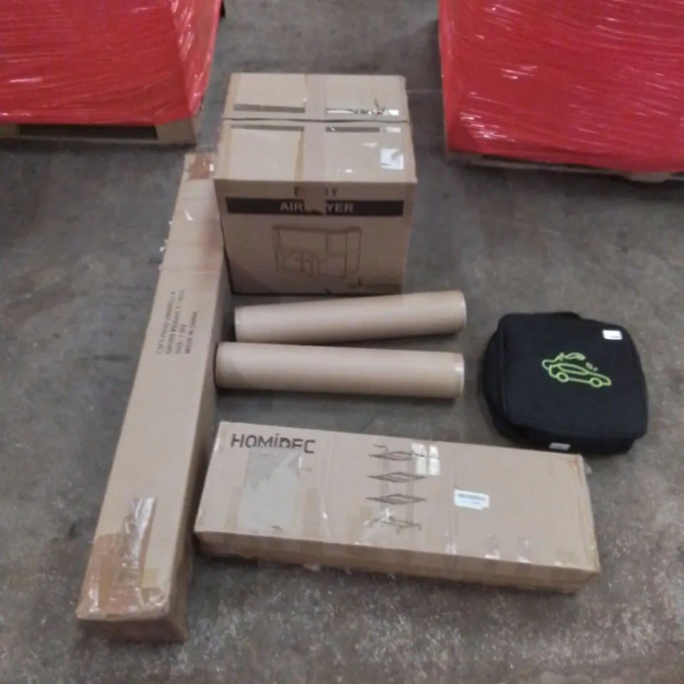 PALLET CONTAINING ASSORTED HOUSEHOLD & HOME IMPROVEMENT PRODUCTS. INCLUDES AIR FRYER, PATIO UMBRELLA, ELECTRIC CAR CHARGING CABLE SET, FURNITURE ETC 