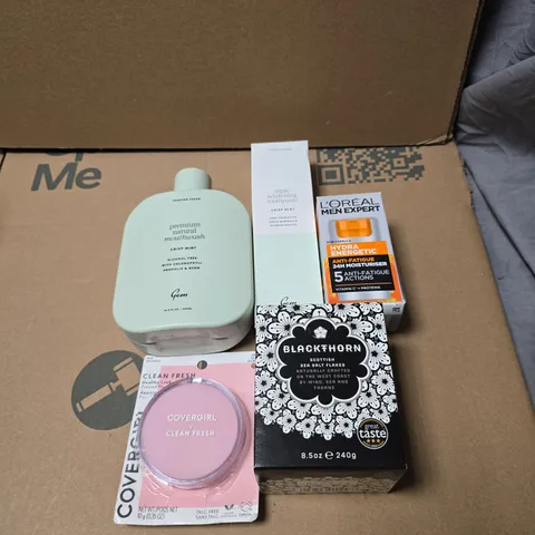 APPROXIMATELY 20 X ASSORTED COSMETIC ITEMS TO INCLUDE GEM FOREVER FRESH MOUTHWASH, GEM TRIPLE WHITENING TOOTHPASTE, L'OREAL MEN EXPERT ANTI FATIGUE MOISTURIZER, BLACK THORN SEA FLAKES, COVER GIRL CLEA