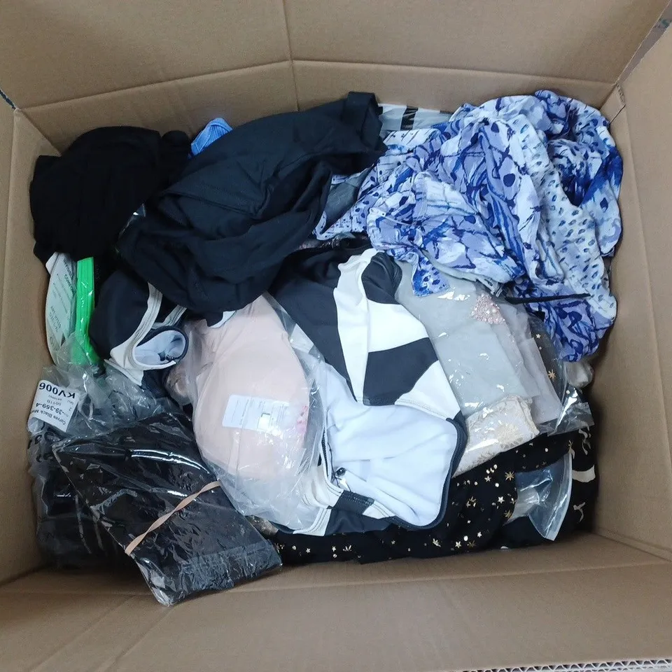 LARGE BOX OF ASSORTED CLOTHING ITEMS TO INCLUDE PANTS, VESTS AND JUMPERS