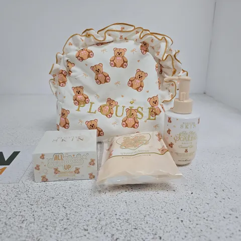 PLOUISE MAKE UP BAG WITH 3 ITEMS TO INCLUDE COCONUT CAKE BODY SCRUB ETC