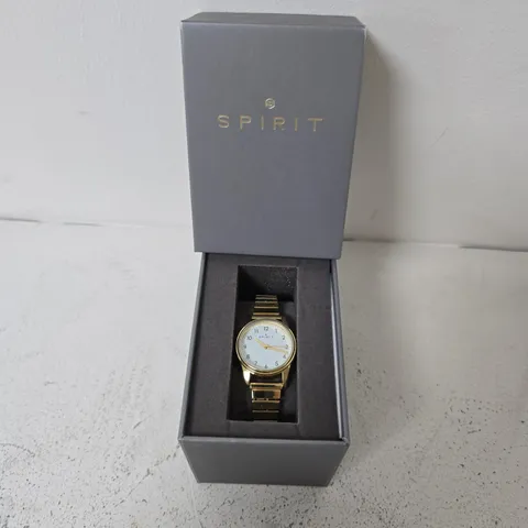 BOXED SPIRIT LADIES WHITE DIAL GOLD PLATED STAINLESS STEEL EXPANDER BRACELET WATCH