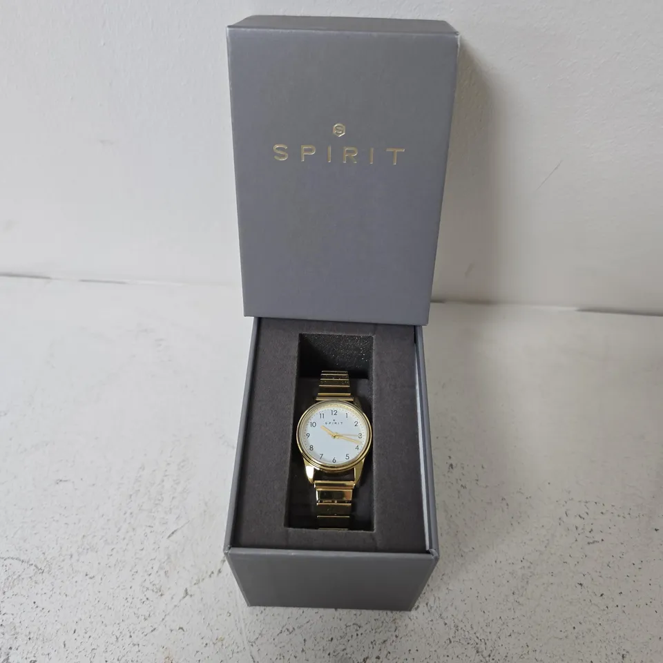 BOXED SPIRIT LADIES WHITE DIAL GOLD PLATED STAINLESS STEEL EXPANDER BRACELET WATCH