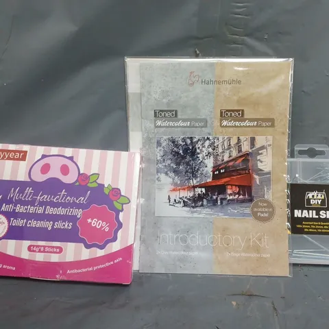 APPROXIMATELY 10 ASSORTED HOUSEHOLD ITEMS TO INCLUDE NAIL SET, TOILET CLEANING STICKS, ETC