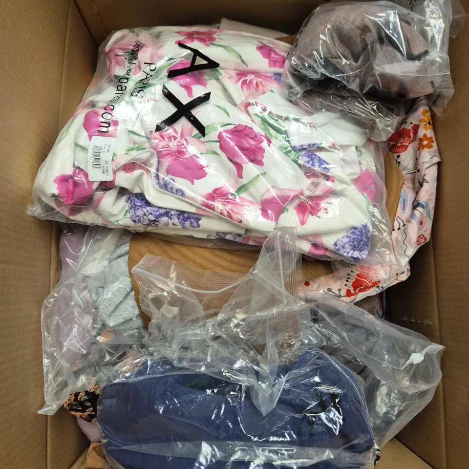 LARGE BOX OF APPROXIMATELY 25 ASSORTED CLOTHING ITEMS IN VARIOUS COLOURS, STYLES AND SIZES - COLLECTION ONLY