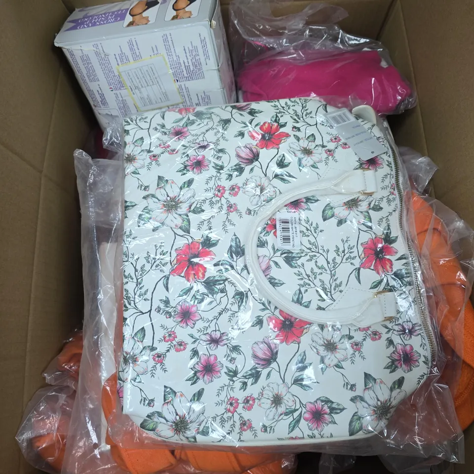 BOX OF APPROXIMATELY 20 ASSORTED ITEMS TO INCLUDE COMFORTISSE PUSH UP BRA, NICOLE BROWN BAG, VARIOUS CLOTHING ETC