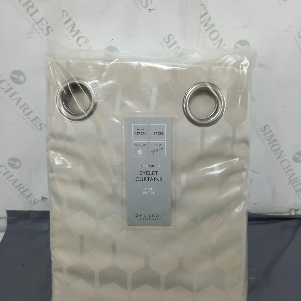 JOHN LEWIS ONE PAIR OF EYELET CURTAINS HIVE PUTTY 167CM BY 137CM 