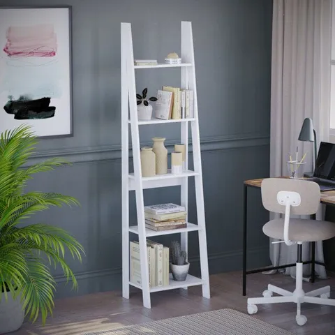 BOXED JESS 5 SHELF 175.5cm H x 46cm W LADDER BOOKCASE - WHITE (1 BOX)