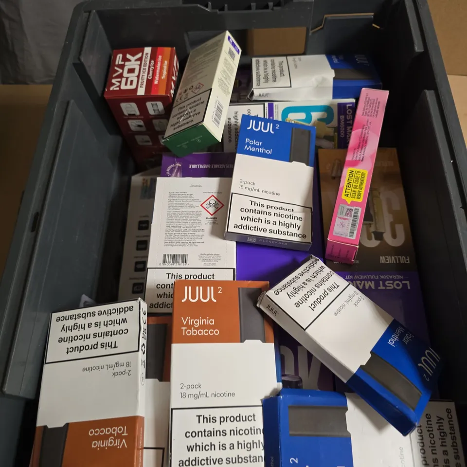 LOT OF APPROXIMATELY 20 ASSORTED ELECTRONIC CIGARETTE ITEMS TO INCLUDE IVG PRO, ELFBAR ELFA PRO PREFILLED POD AND JUUL2 REFILL POD