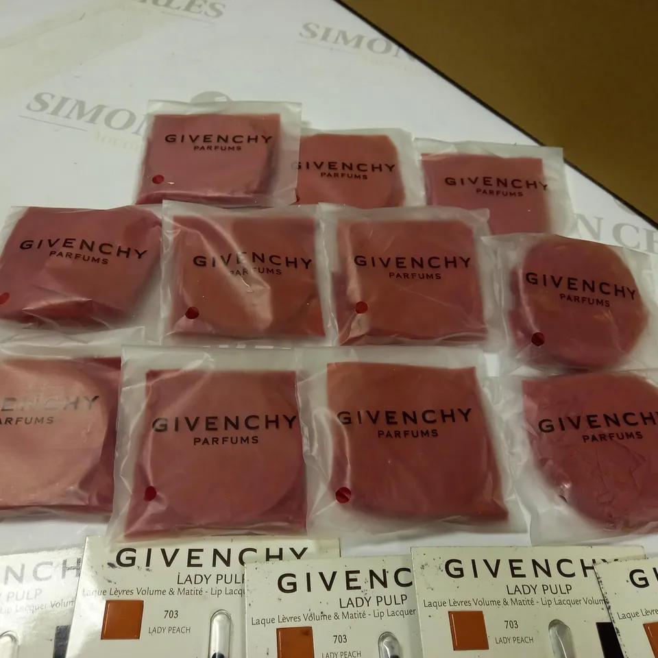 LOT OF APPROX 2O ASSORTED GIVENCHY PRODUCTS TO INCLUDE: PACKAGED POCKET MIRRORS, PACKAGED LIP LACQUER