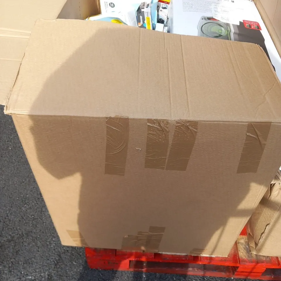 LARGE BOX OF ASSORTED ELECTRICAL PRODUCTS TO INCLUDE; SHARP PARTY SPEAKER, ONE FOR ALL AERIAL, WIRED HEADPHONES, JVC HEADPHONES AND MICRO USB TO USB-A CABLES