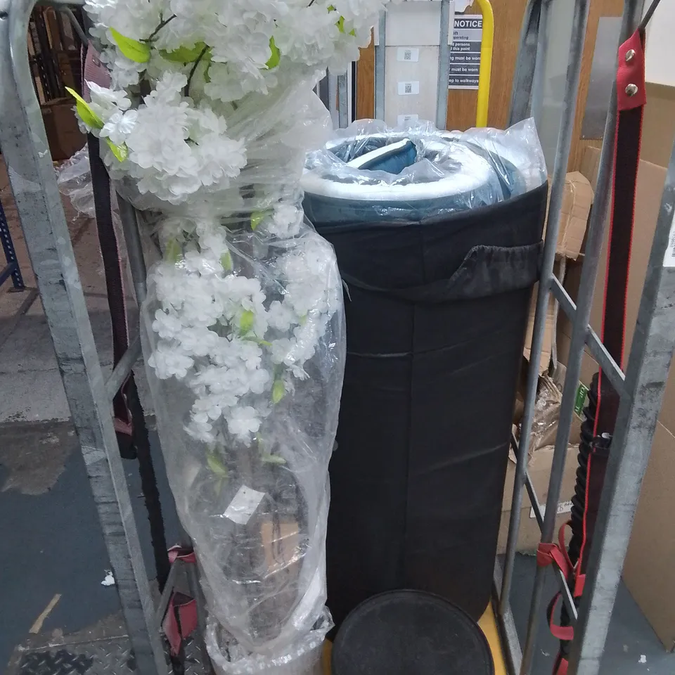 LOT OF ASSORTED HOUSEHOLD ITEMS TO INCLUDE ROLLED MATTRESS, ARTIFICIAL TREE, 10X DOORMATS AND SERIOUS GAINZ