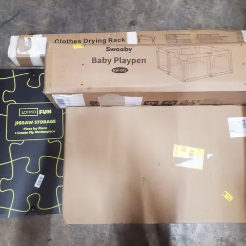 PALLET CONTAINING ASSORTED PRODUCTS INCLUDING BABY PLAYPEN, JIGSAW STORAGE BINDER, HEATED AIRER & CLOTHES DRYING RACKS