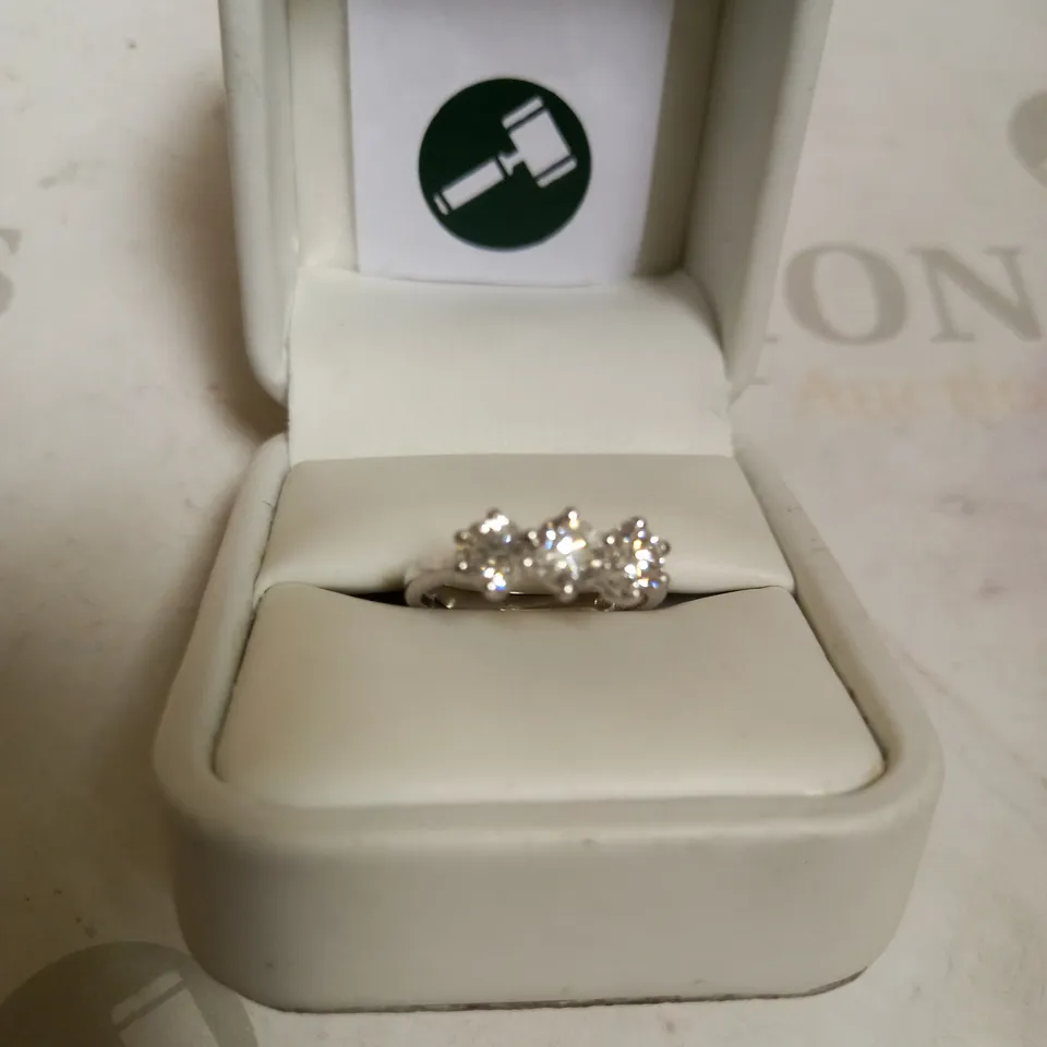 18CT WHITE GOLD THREE STONE RING SET WITH DIAMONDS WEIGHING +1.56CT