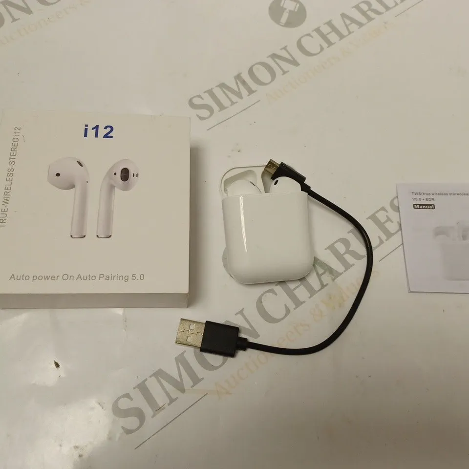 BOXED I12 TRUE WIRELESS STEREO EAR BUDS WITH CHARGING DOCK, USB CABLE AND INSTRUCTIONS