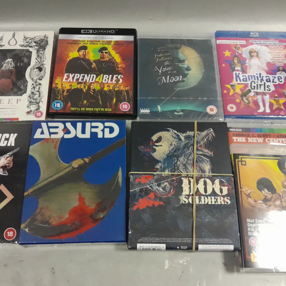 LOT OF 8 ASSORTED MEDIA ITEMS TO INCLUDE JOHN WICK CHAPTER 1-4 AND DOG SOLIDERS
