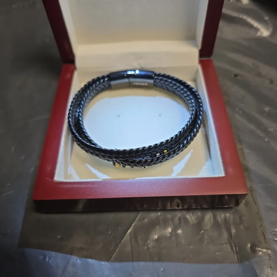 BRAIDED BLACK LEATHER BRACELET WITH METAL CLASP – BOXED 