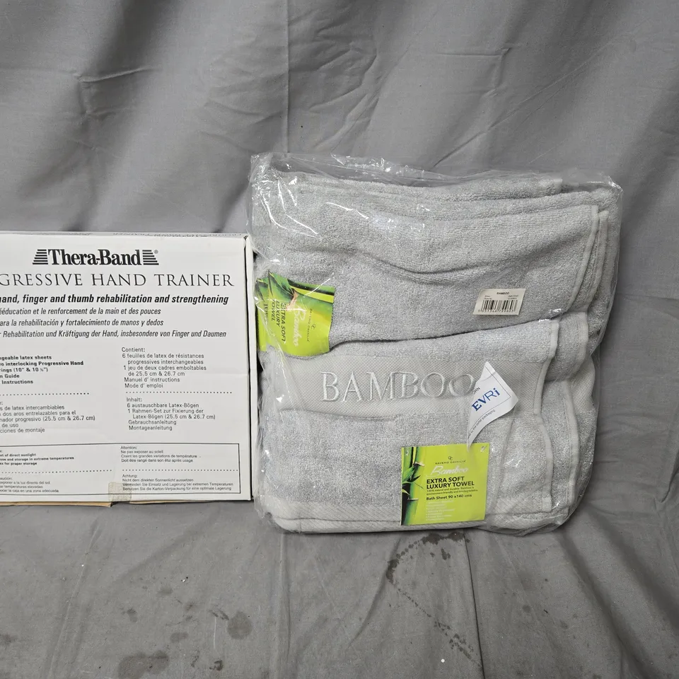 BOX OF APPROXIMATELY 10 ASSORTED ITEMS TO INCLUDE LUXURY TOWEL AND HAND TRAINER, ETC... -- COLLECTION ONLY