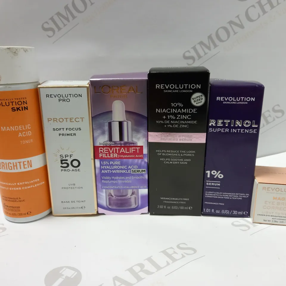 LOT OF APPROX 6 ASSORTED REVOLUTION PRODUCTS TO INCLUDE MANDELIC ACID TONER, SOFT FOCUS PRIMER, EYE BRIGHT CORRECTOTR, ETC