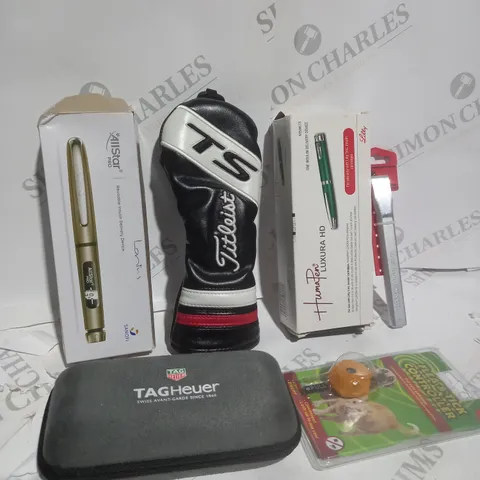 BOX OF APPROXIMATELY 15 ASSORTED ITEMS TO INCLUDE - TAG HEUER CASE, GOLF CLUB COVER, FLEA CONTROL ETC