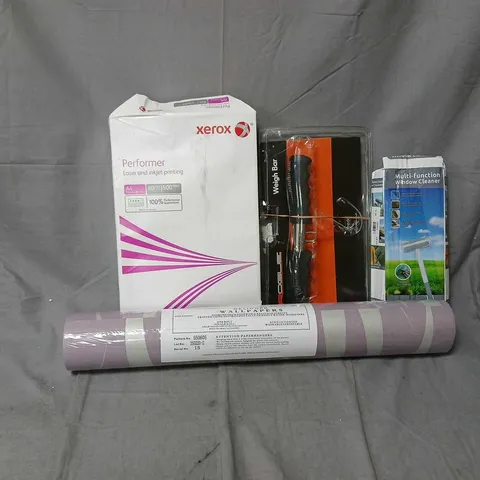 APPROXIMATELY 18 ASSORTED HOUSEHOLD ITEMS TO INCLUDE XEROX A4 PAPER, ROGUE WEIGH BAR, WALLPAPER, ETC