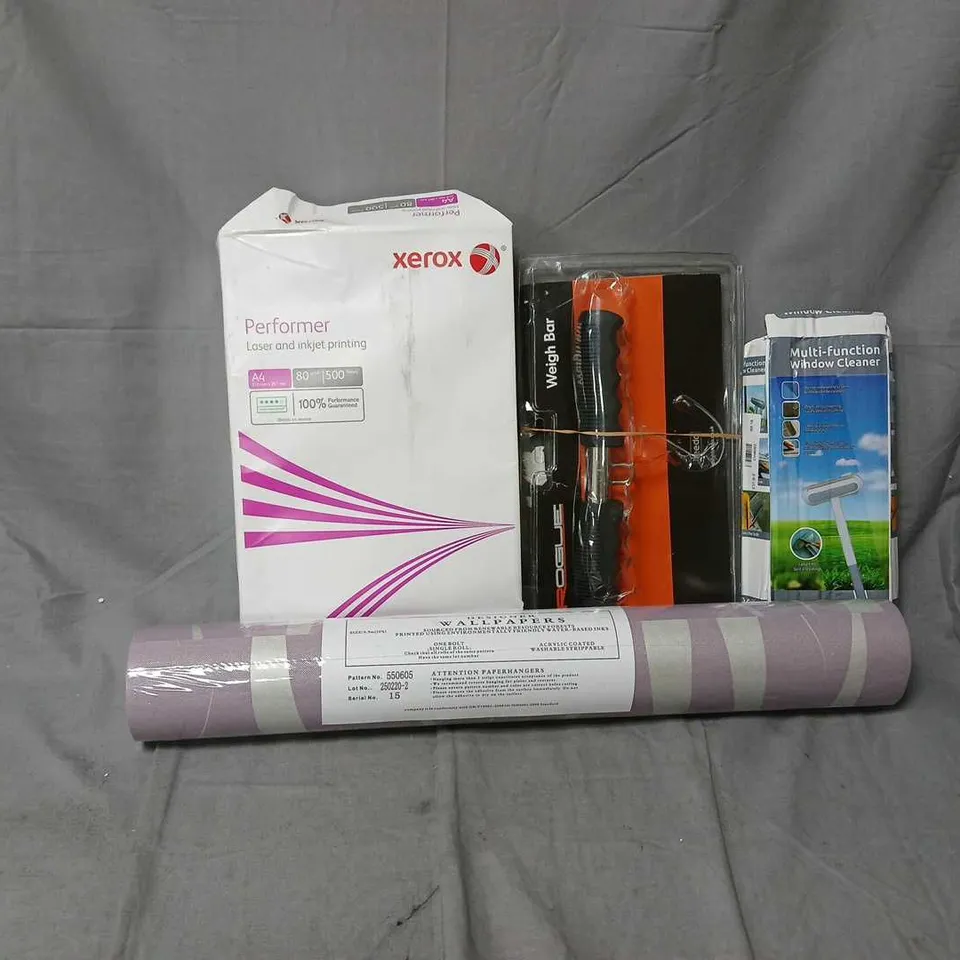 APPROXIMATELY 18 ASSORTED HOUSEHOLD ITEMS TO INCLUDE XEROX A4 PAPER, ROGUE WEIGH BAR, WALLPAPER, ETC