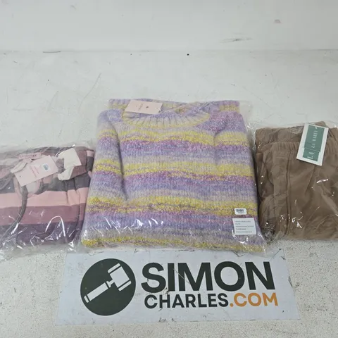 Three knitwear garments: lilac jumper, pink striped top, brown trousers (VERIFY) WOMEN'S CLOTHING BUNDLE – APROX 20 ITEMS TO INCLUDE CLOTHING ITEMS JUMPERS , TOPS AND DRESSES 