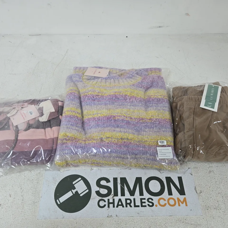 Three knitwear garments: lilac jumper, pink striped top, brown trousers (VERIFY) WOMEN'S CLOTHING BUNDLE – APROX 20 ITEMS TO INCLUDE CLOTHING ITEMS JUMPERS , TOPS AND DRESSES 
