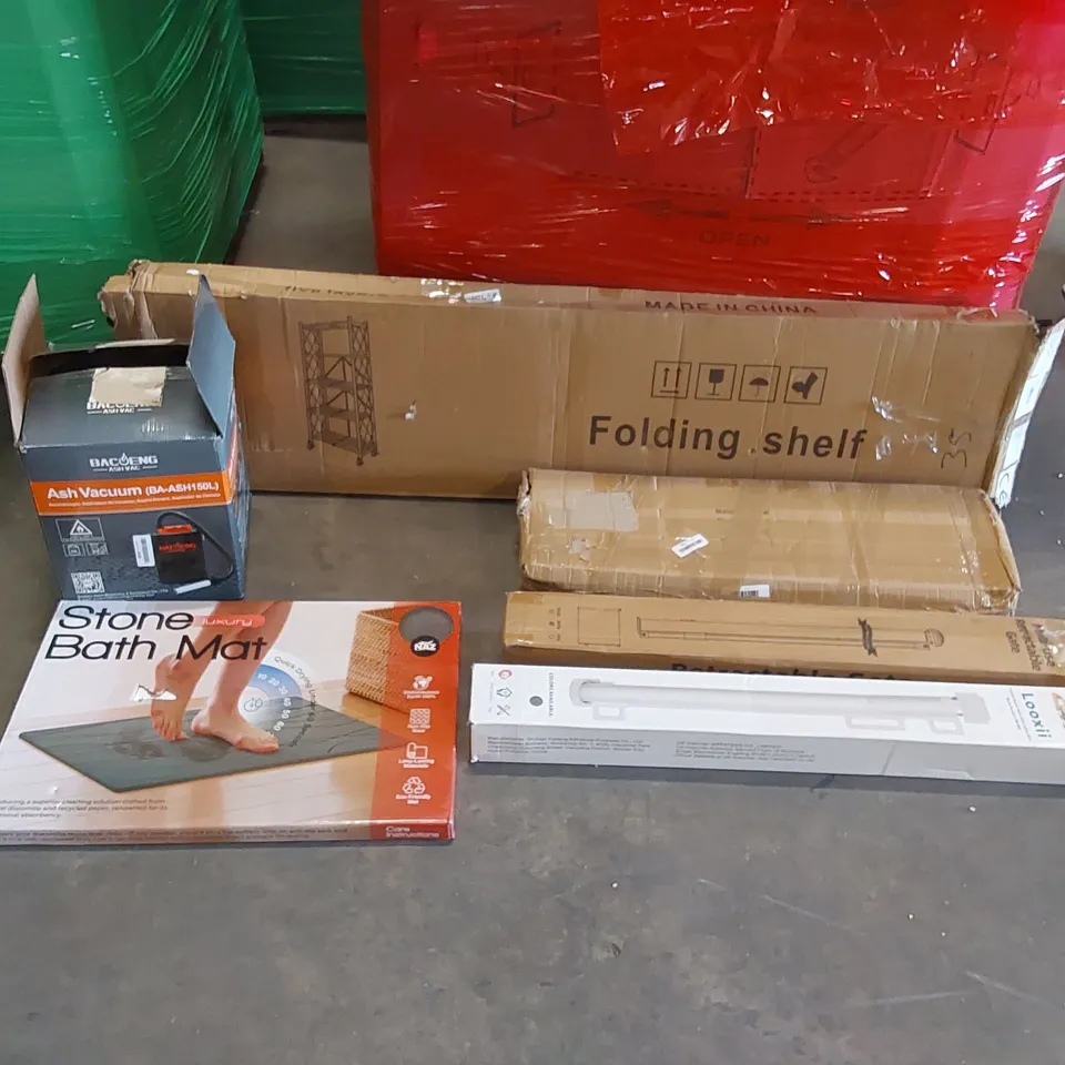 PALLET OF ASSORTED CONSUMER PRODUCTS TO INCLUDE: PORTABLE FOLDING SHELF, 3 TIER PLANT STAND, ASH VACUUM, RETRACTABLE SAFETY GATES, STONE BATH MAT ECT