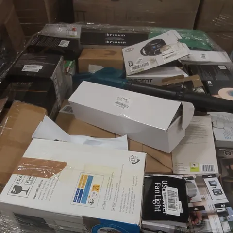 PALLET CONTAINING A VERY LARGE QUANTITY OF ASSORTED ITEMS INCLUDING: BOOM BOX, PORTABLE DEHUMIDIFIER, TOWER FAN LIGHT, WATER DISPENSER, NECK MASSAGER ECT
