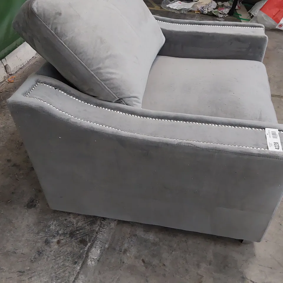 DESIGNER EASY CHAIR GREY PLUSH FABRIC WITH STUDDED DETAIL 
