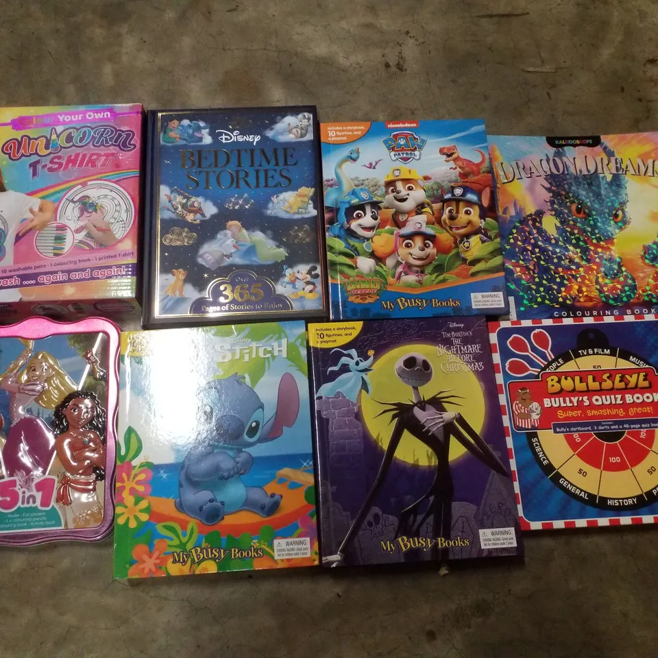 PALLET CONTAINING ASSORTED CHILDRENS BOOKS & ACTIVITIES INCLUDING DISNEY BEDTIME STORIES, DRAGON DREAMS, BULLSEYE BULLYS QUIZ BOOK, STITCH BUST BOOK & THE NIGHTMARE BEFORE CHRISTMAS BUSY BOOK