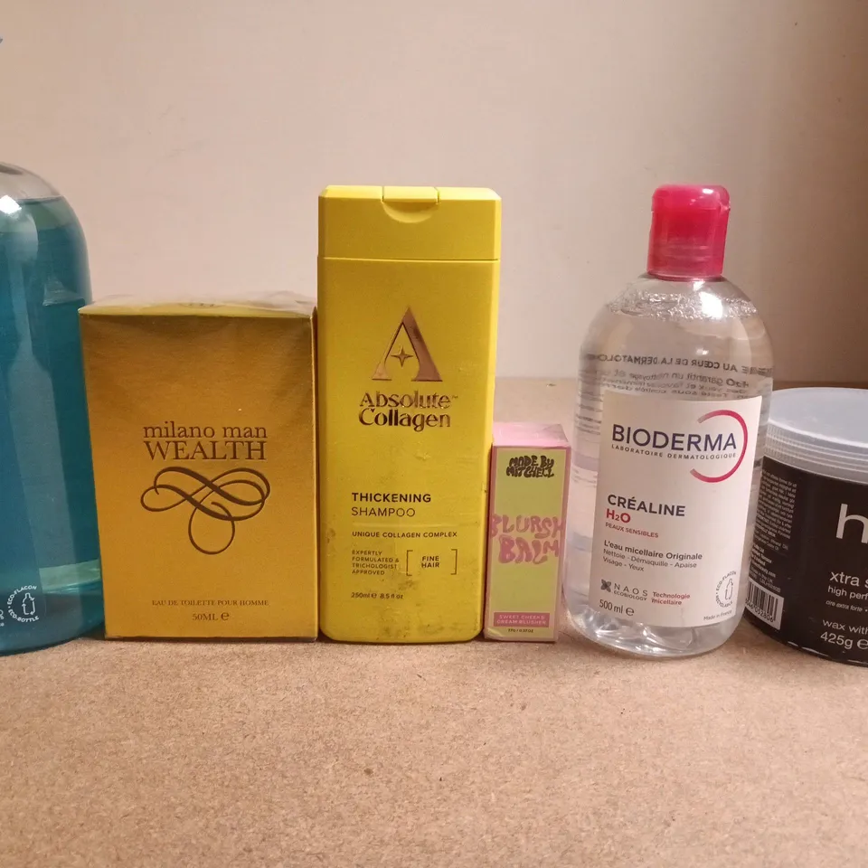 APPROXIMATELY 15 ASSORTED HEALTH & BEAUTY PRODUCTS TO INCLUDE MADE BY MITCHELL , ABSOLUTE COLLAGEN AND HIVE WAX