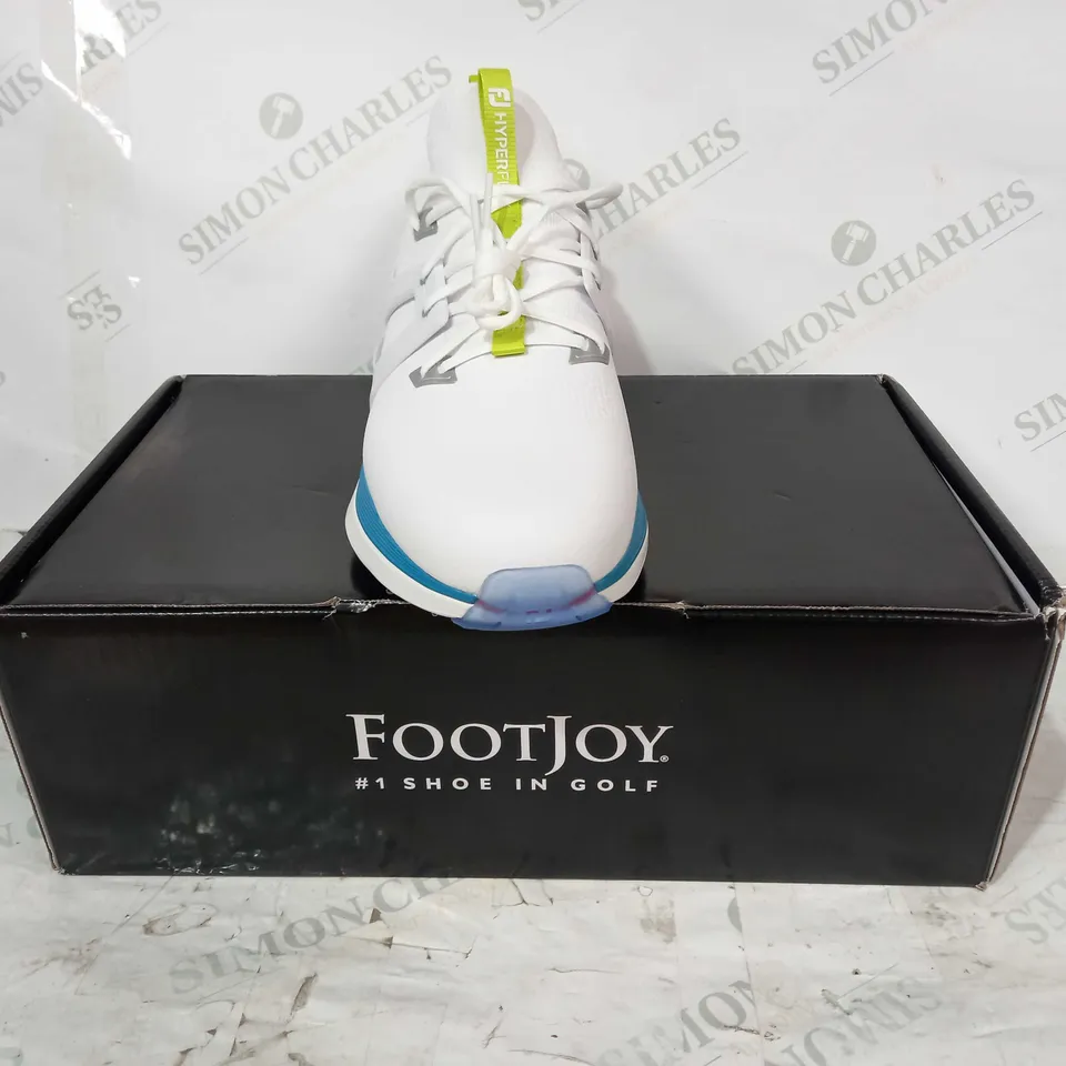 BOXED PAIR OF FOOT JOY HYPER FLEX CARBON GOLF SHOES IN WHITE/LIME/PINK/BLUE UK SIZE 9.5