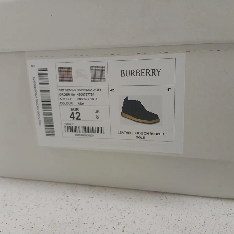BURBERRY MENS GREY SUEDE ZIP ANKLE BOOTS, UK 8 / EU 42