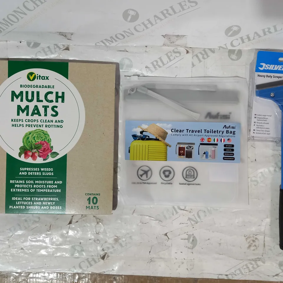 BOX OF APPROXIMATELY 15 ASSORTED HOUSEHOLD ITEMS TO INCLUDE SILVERLINE HEAVY DUTY SCRAPER, CLEAR TRAVEL TOILETRY BAG, VITAX MULCH MATS, ETC