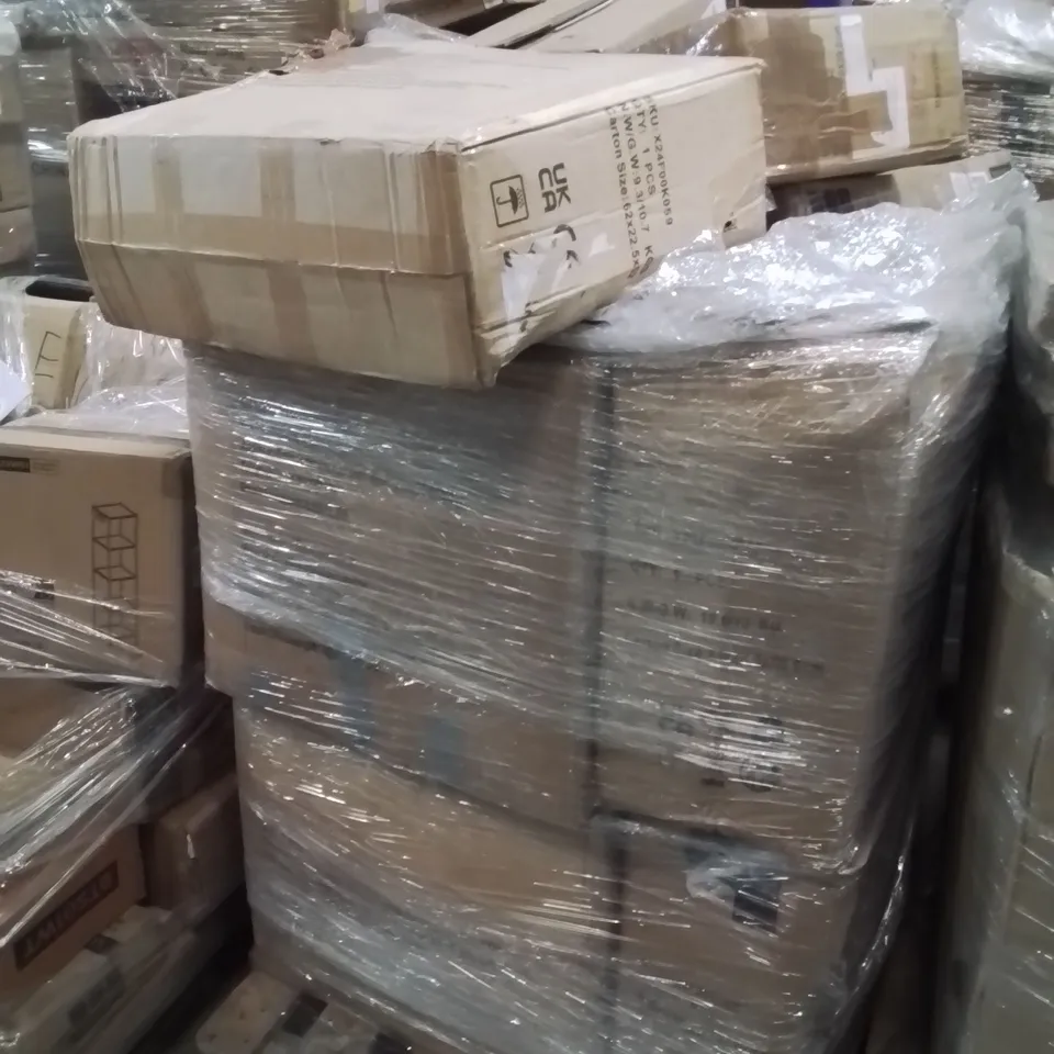 PALLET OF ASSORTED HOUSEHOLD GOODS AND PRODUCTS TO INCLUDE;CORNER BRACKET,FLOATING SHELF,PLASTIC CUBE STORAGE BOX