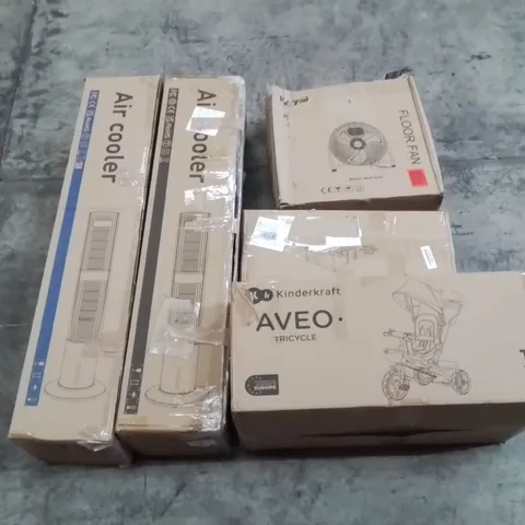 PALLET OF ASSORTED HOUSEHOLD ITEMS AND CONSUMER PRODUCTS TO INCLUDE; AIR COOLERS, FLOOR FAN, OFFICE CHAIR, BABY PLAYPEN ETC