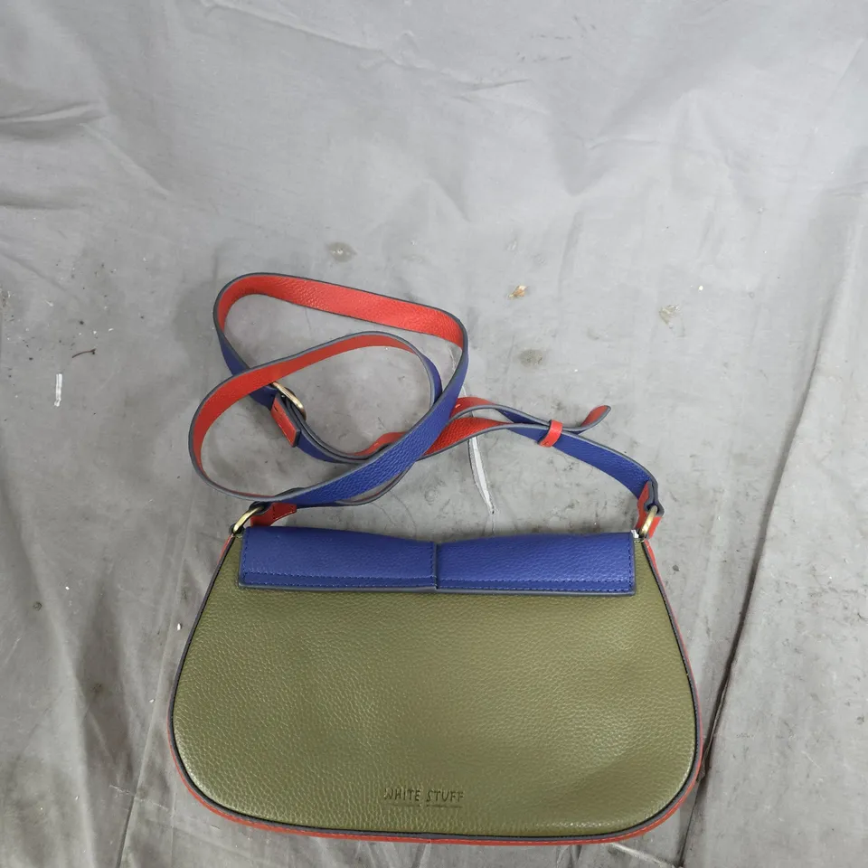 WHITE STUFF CROSSBODY BAG – OLIVE PEBBLE, BLUE FLAP & RED TRIM, ADJUSTABLE STRAP