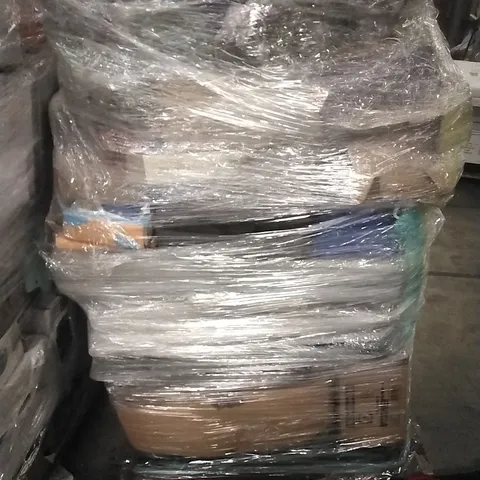 PALLET CONTAINING A LARGE QUANTITY OF ASSORTED HOUSEHOLD GOODS WHICH INCLUDE; AIRFRYERS, PARASOL BASES, PADDED CAMPING CHAIRS, BATH MAT, SUITCASES ETC