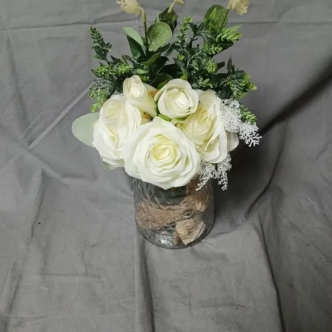 ARTIFICIAL WHITE ROSE BOUQUET IN TEXTURED GLASS VASE