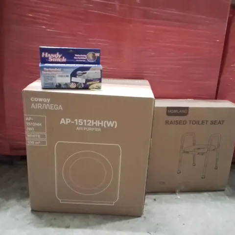 PALLET OF ASSORTED HOUSEHOLD GOODS AND PRODUCTS TO INCLUDE;RAISED TOILET SEAT,AIR PURIFIER,HANDHELD SEWING MACHINE