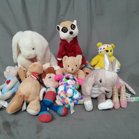 BOX OF ASSORTED PLUSH SOFT TEDDIES TO INCLUDE PAW PATROL, PETER RABBIT AND PUDSEY