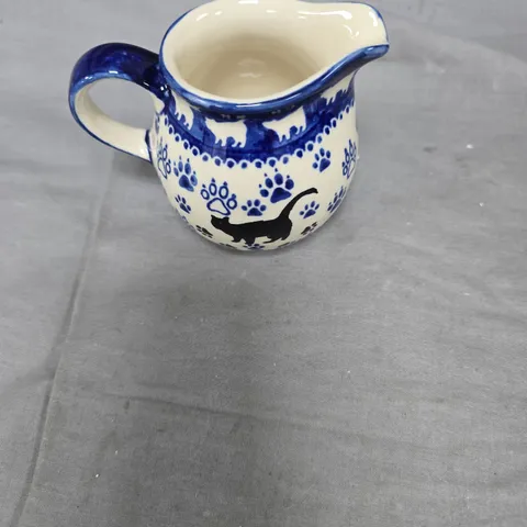 POLISH BLUE & WHITE CERAMIC CREAMER WITH CAT & PAW MOTIF – UNIKAT, HAND MADE IN POLAND